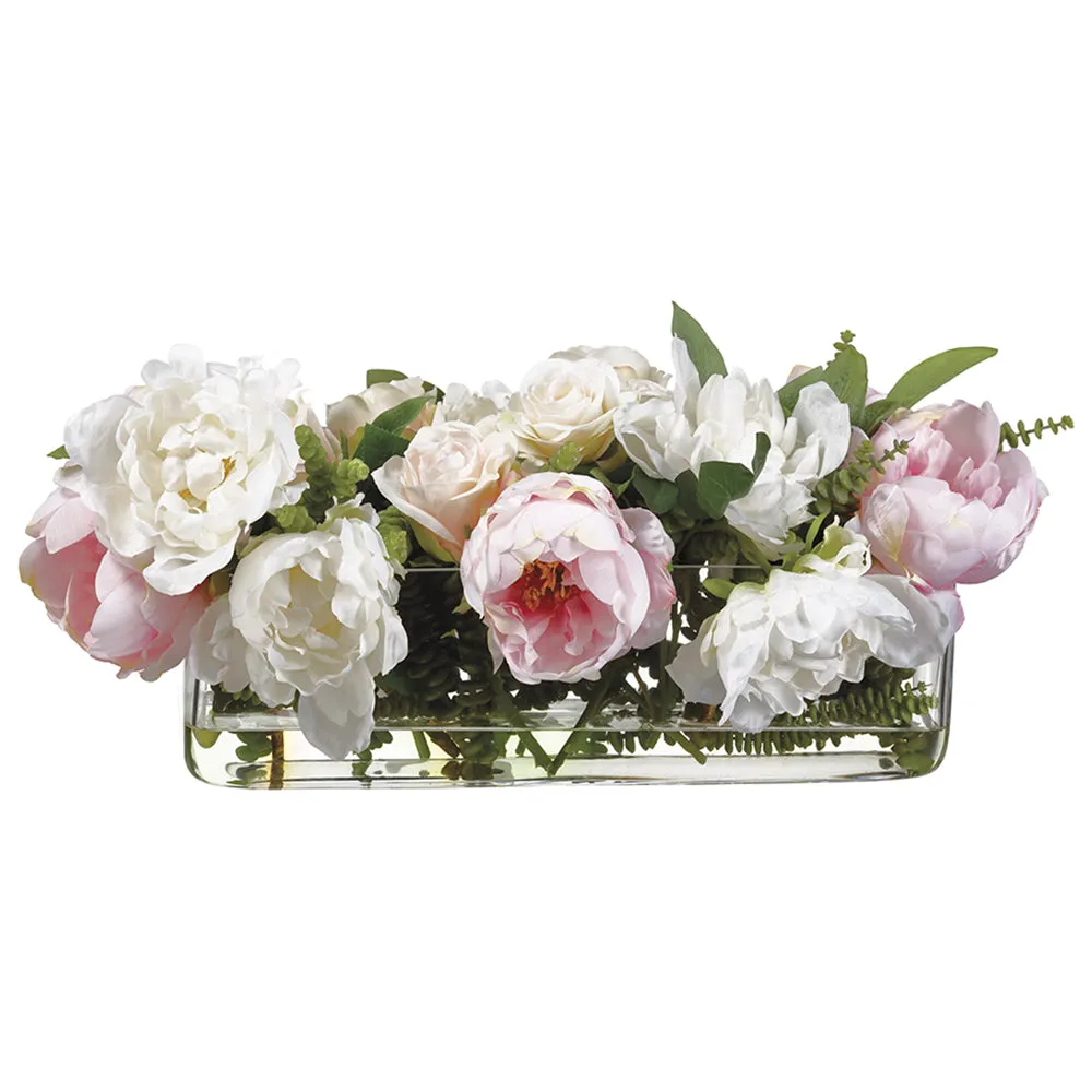 12"Hx20"W Peony & Rose Silk Flower Arrangement -Pink/White