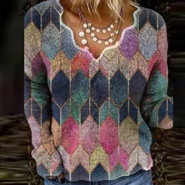 Ageless Geometric Printed Casual V Neck Sweater