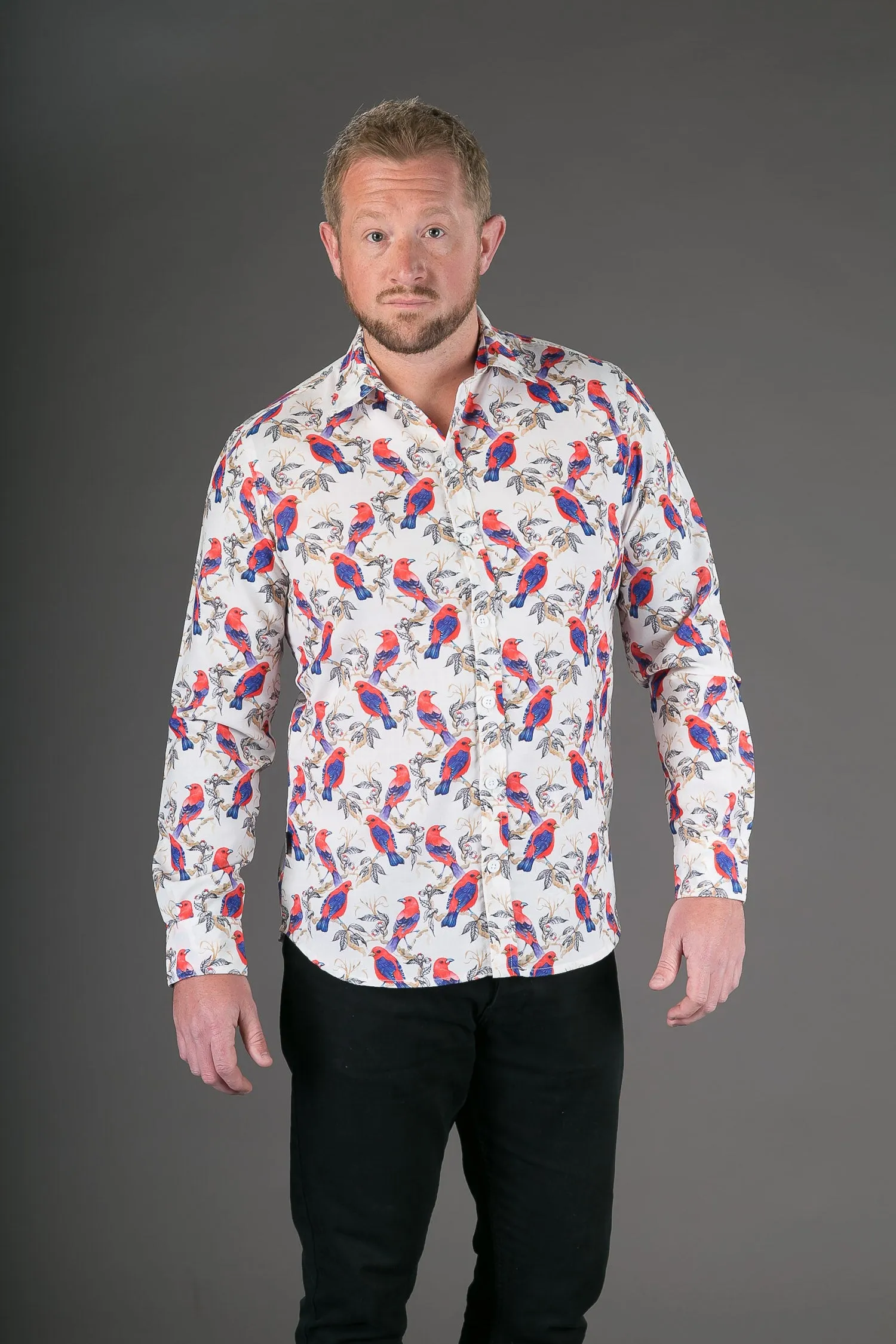 Birds Red Floral Print Cotton Slim Fit Mens Shirt Long Sleeve