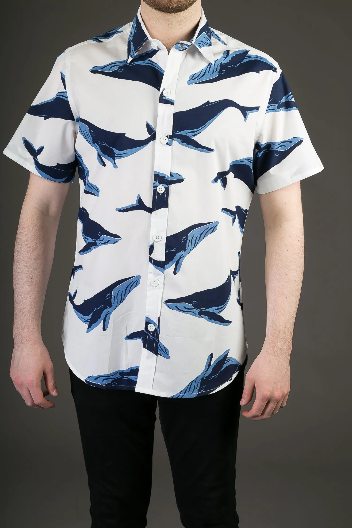 Blue Whale White Print Cotton Slim Fit Mens Shirt Short Sleeve