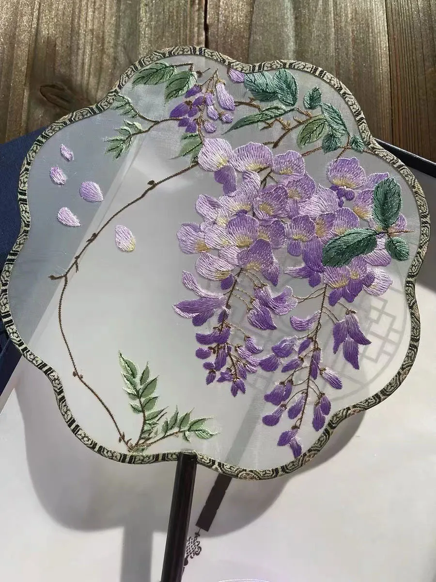 Bluedail Flower Shaped Single Side Beautiful Purple Wisteria Blossom Embroidered Handheld Decorative Fan Chinese Gift