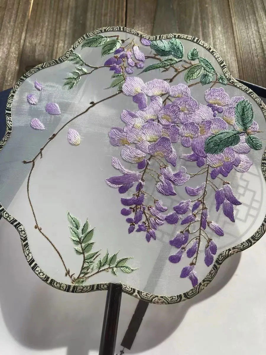 Bluedail Flower Shaped Single Side Beautiful Purple Wisteria Blossom Embroidered Handheld Decorative Fan Chinese Gift