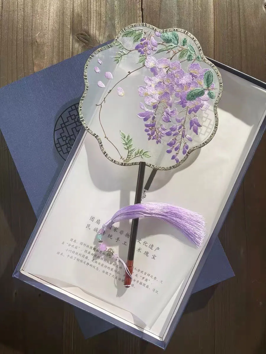 Bluedail Flower Shaped Single Side Beautiful Purple Wisteria Blossom Embroidered Handheld Decorative Fan Chinese Gift