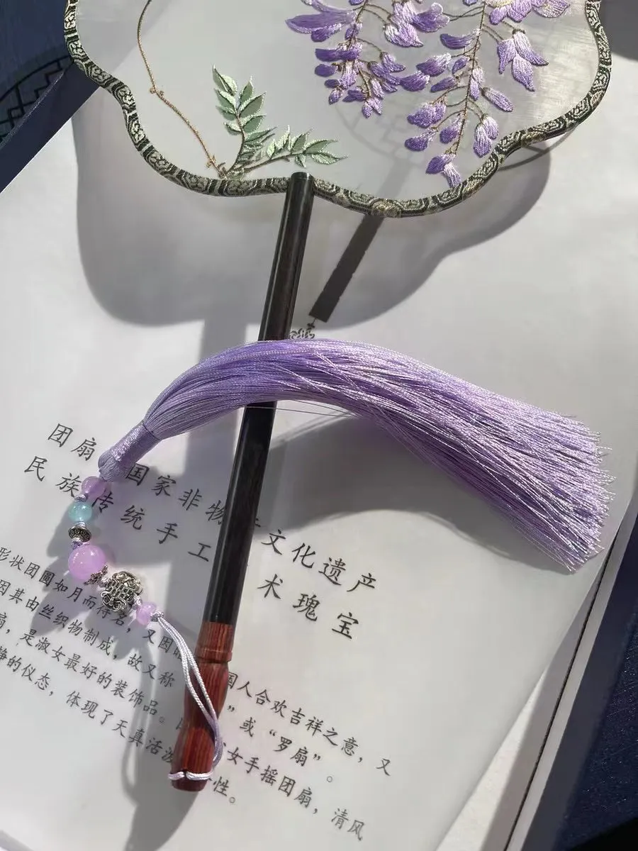 Bluedail Flower Shaped Single Side Beautiful Purple Wisteria Blossom Embroidered Handheld Decorative Fan Chinese Gift