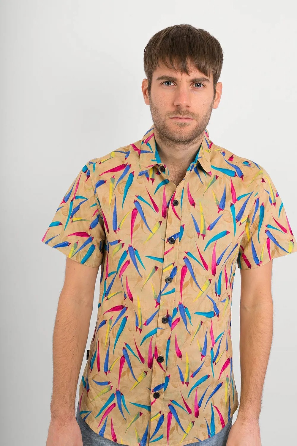 Chilli Print Cotton Slim-Fit Short-Sleeve Mens Shirt