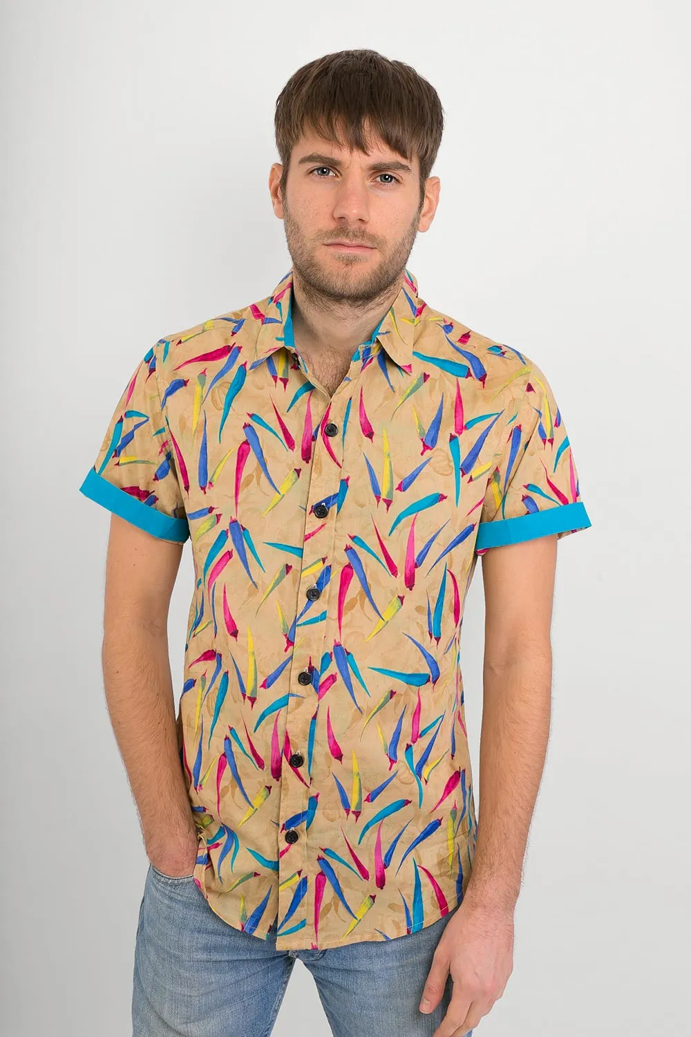 Chilli Print Cotton Slim-Fit Short-Sleeve Mens Shirt