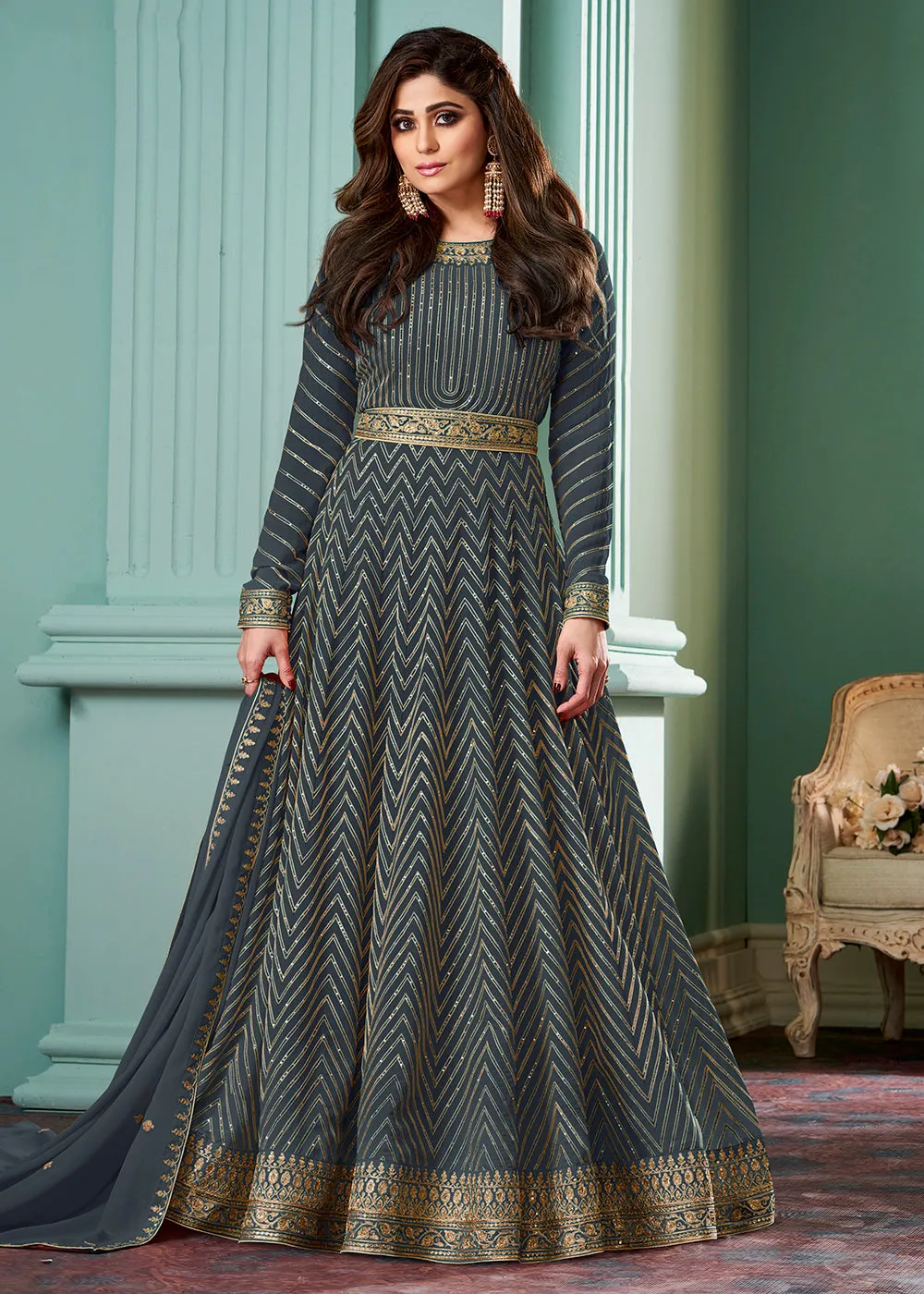 Classy Grey Belt Style Anarkali Featuring Shamita Shetty