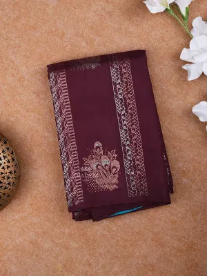 Dark Purple Pure Kanchipuram Bridal Silk Saree with Flower Motif on the Body and without Border