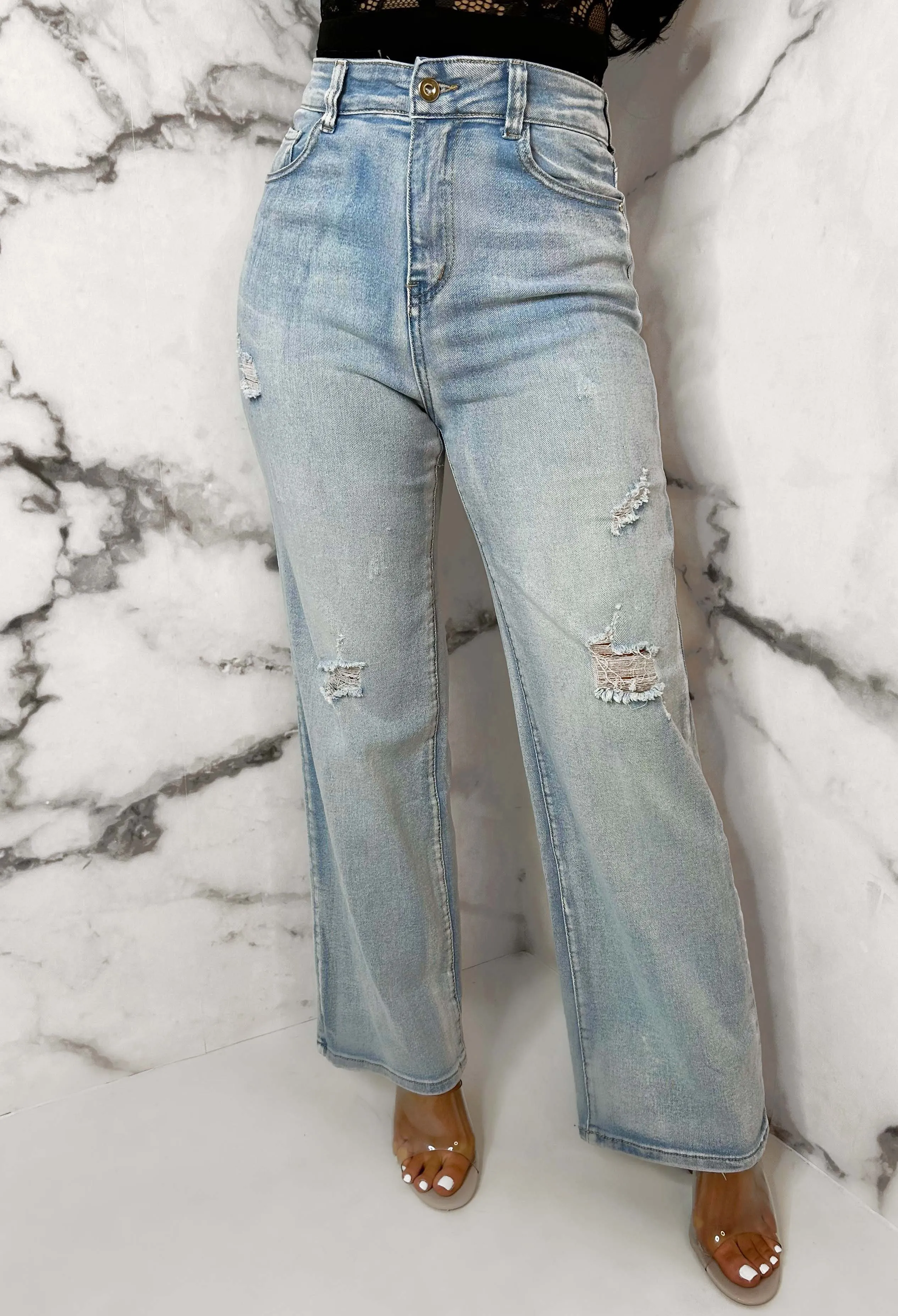 Denim Escape Light Blue Stretch Wide Leg Distressed Jeans