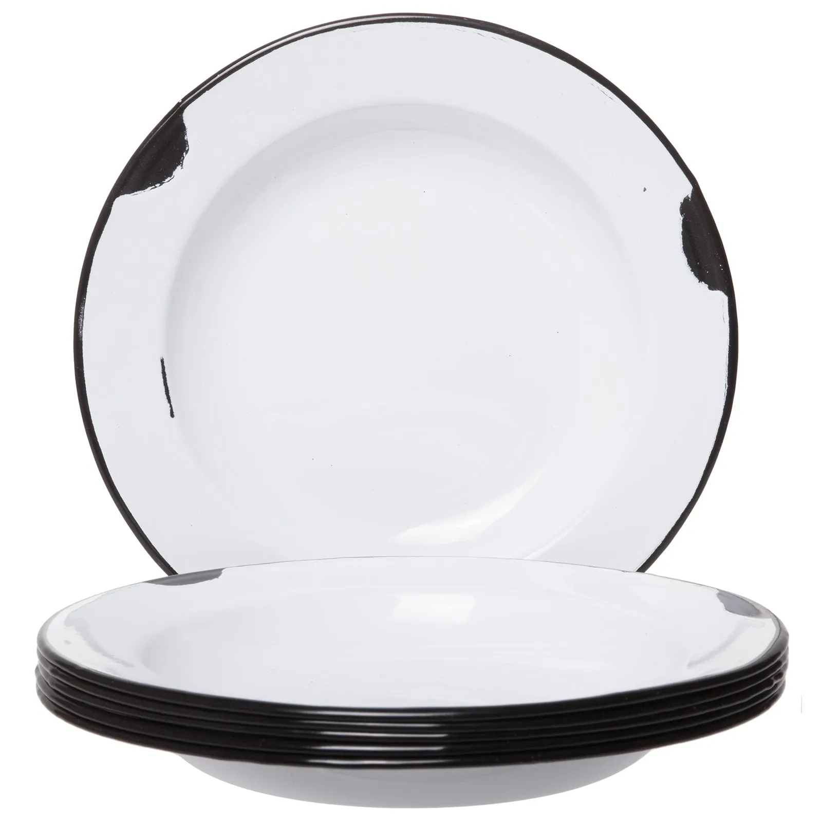 Distressed Enamelware Plates White Body with Black Rim - Set of 6-8 Inch Diameter, Perfect for Picnic, Camping and Outdoor Activity