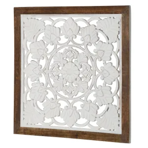 Distressed Wood Framed Square Floral White Wall Medallion  - 24" x 24"