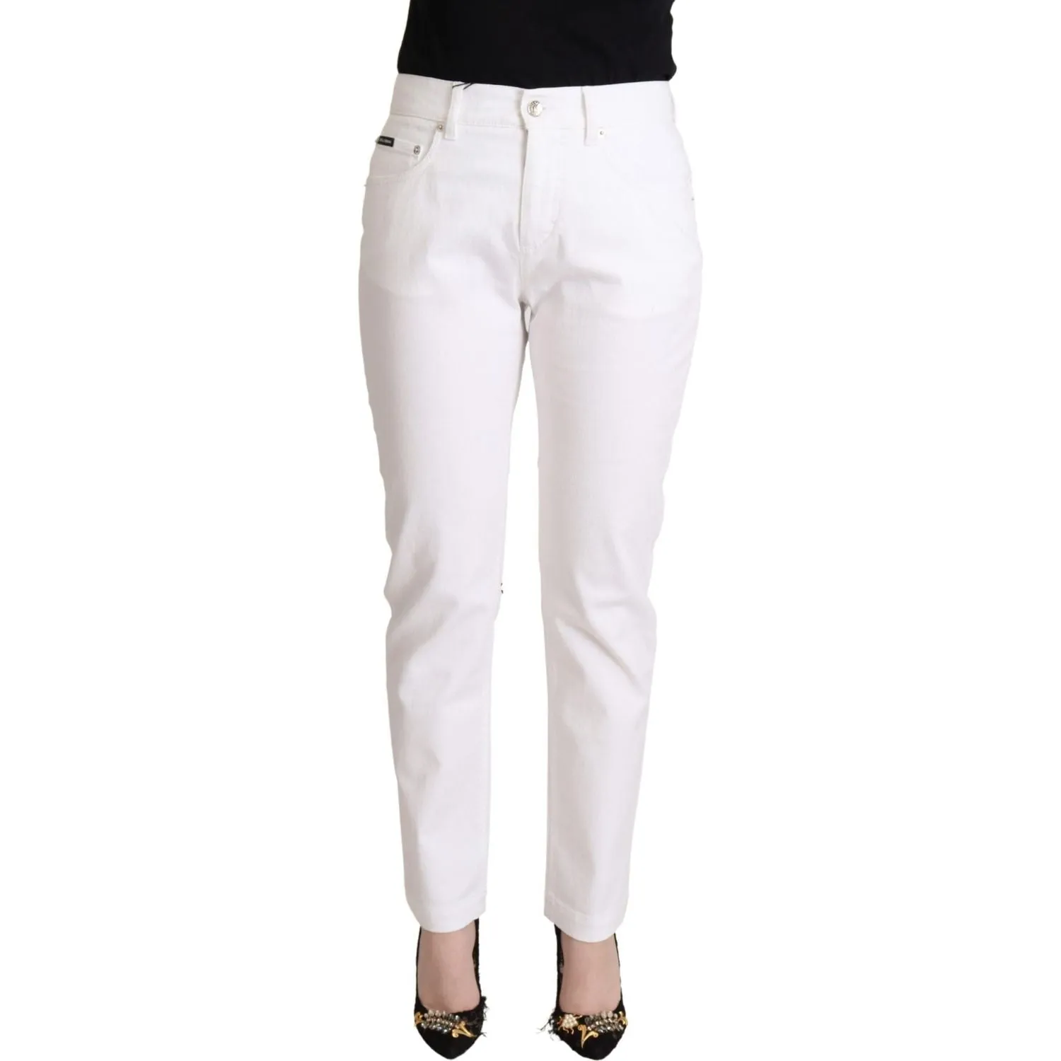 Dolce & Gabbana Chic White Tapered Denim Jeans with Logo Patch