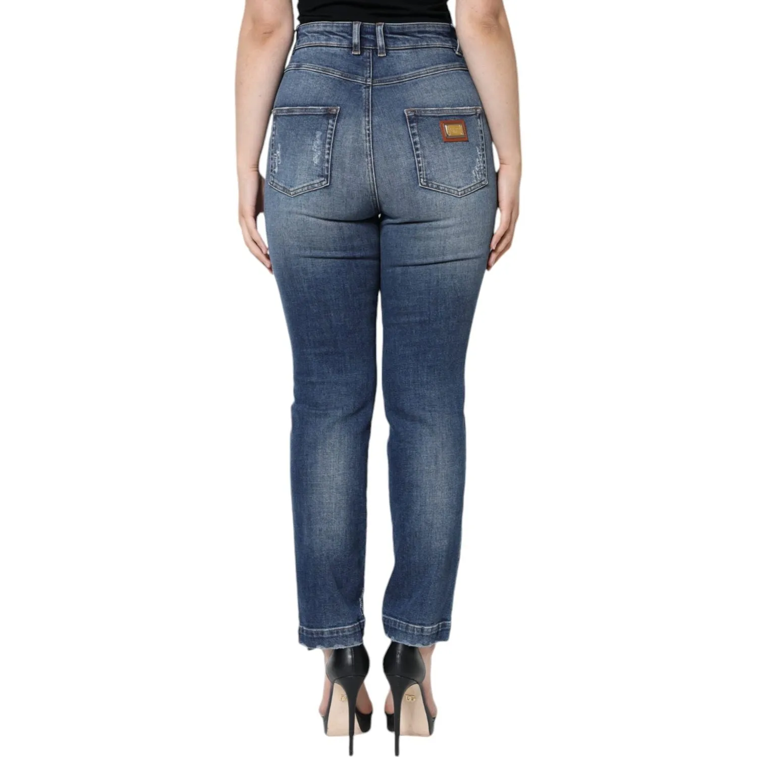 Dolce & Gabbana Dark Blue Cotton Tattered Skinny Denim Jeans