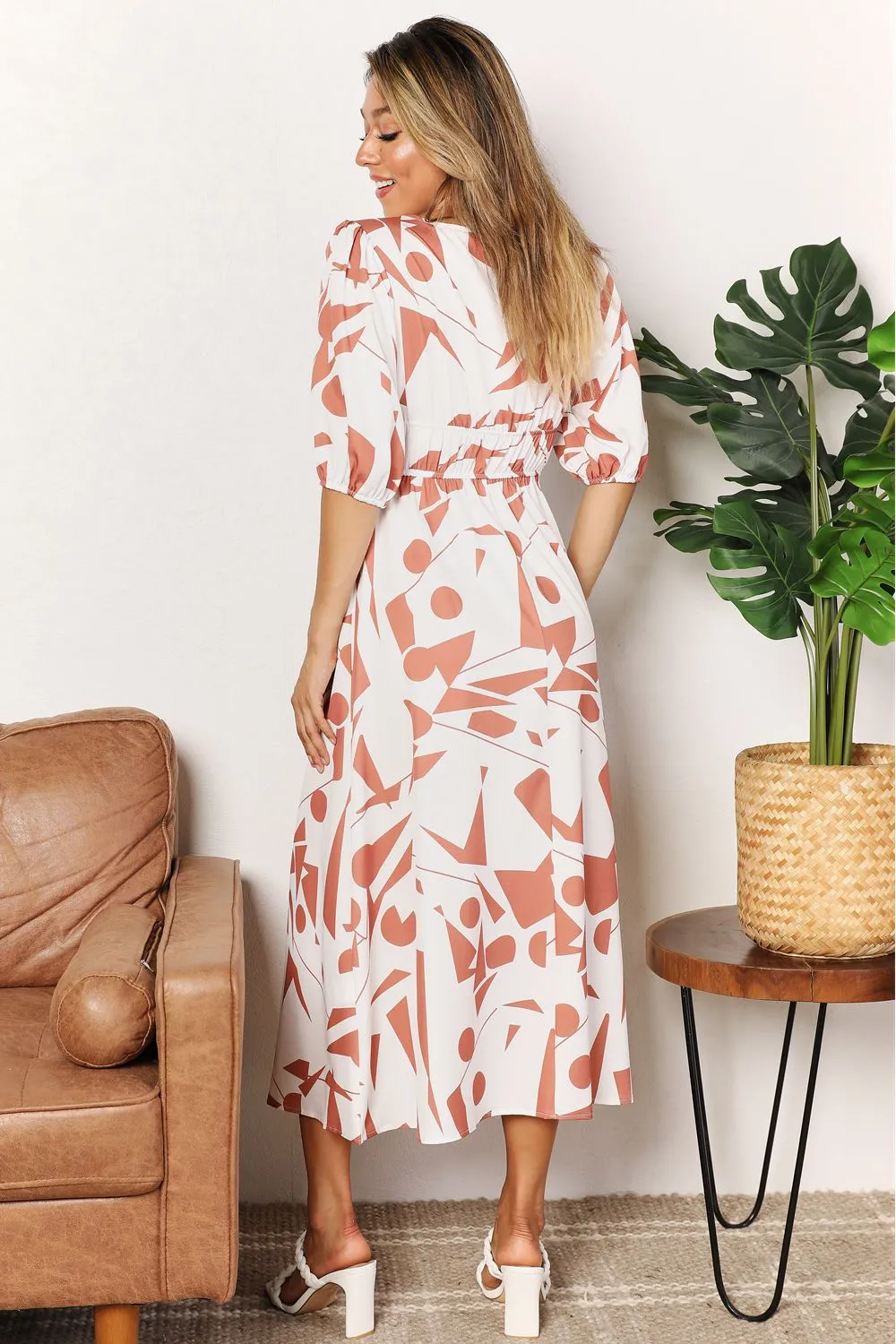 Double Take Printed Surplice Balloon Sleeve Dress