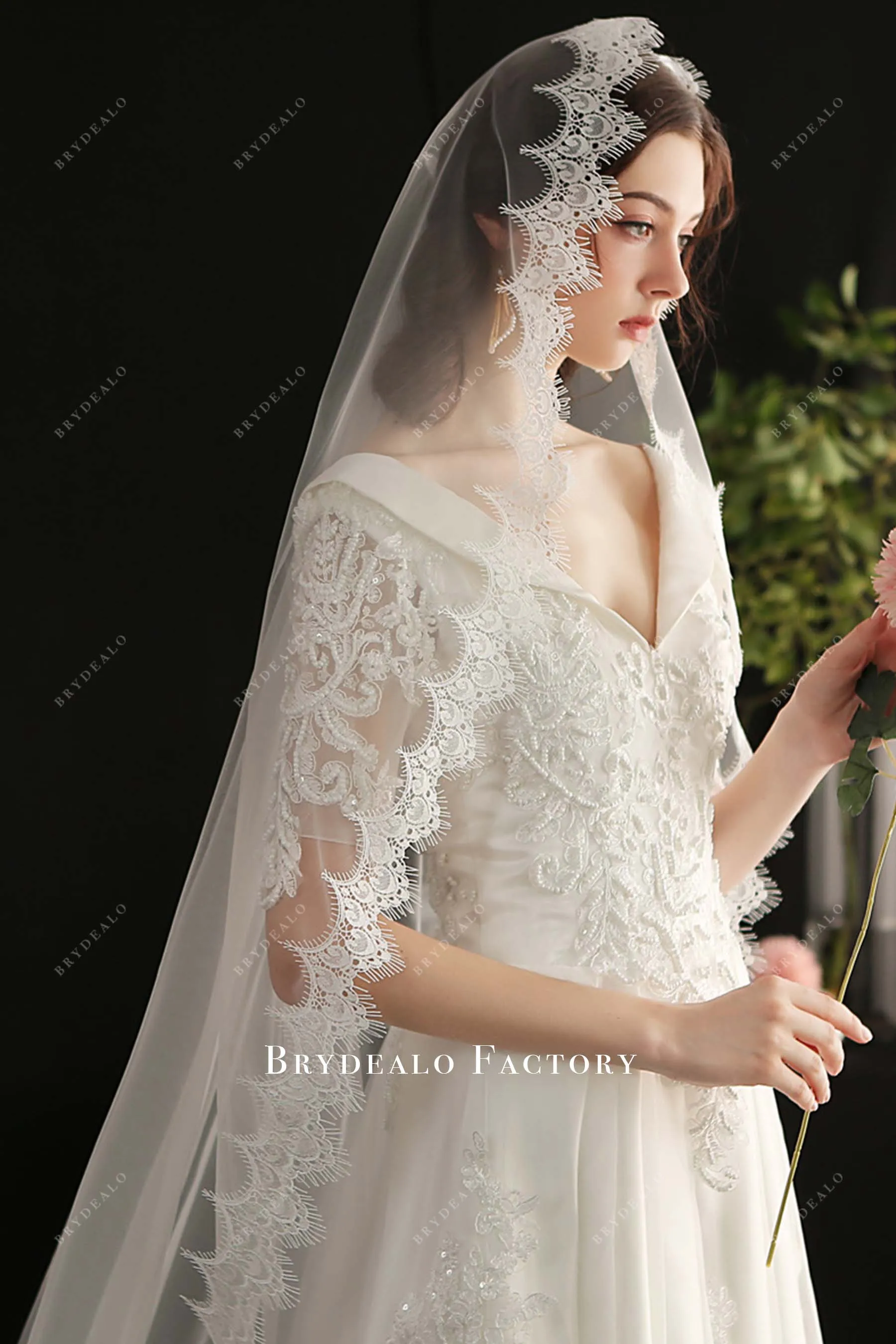 Elegant Lace Edge Cathedral Length Tulle Bridal Viel