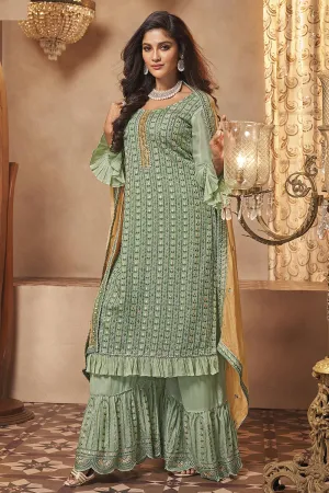 Georgette Pista Green Mirror Embroidered Sharara Suit