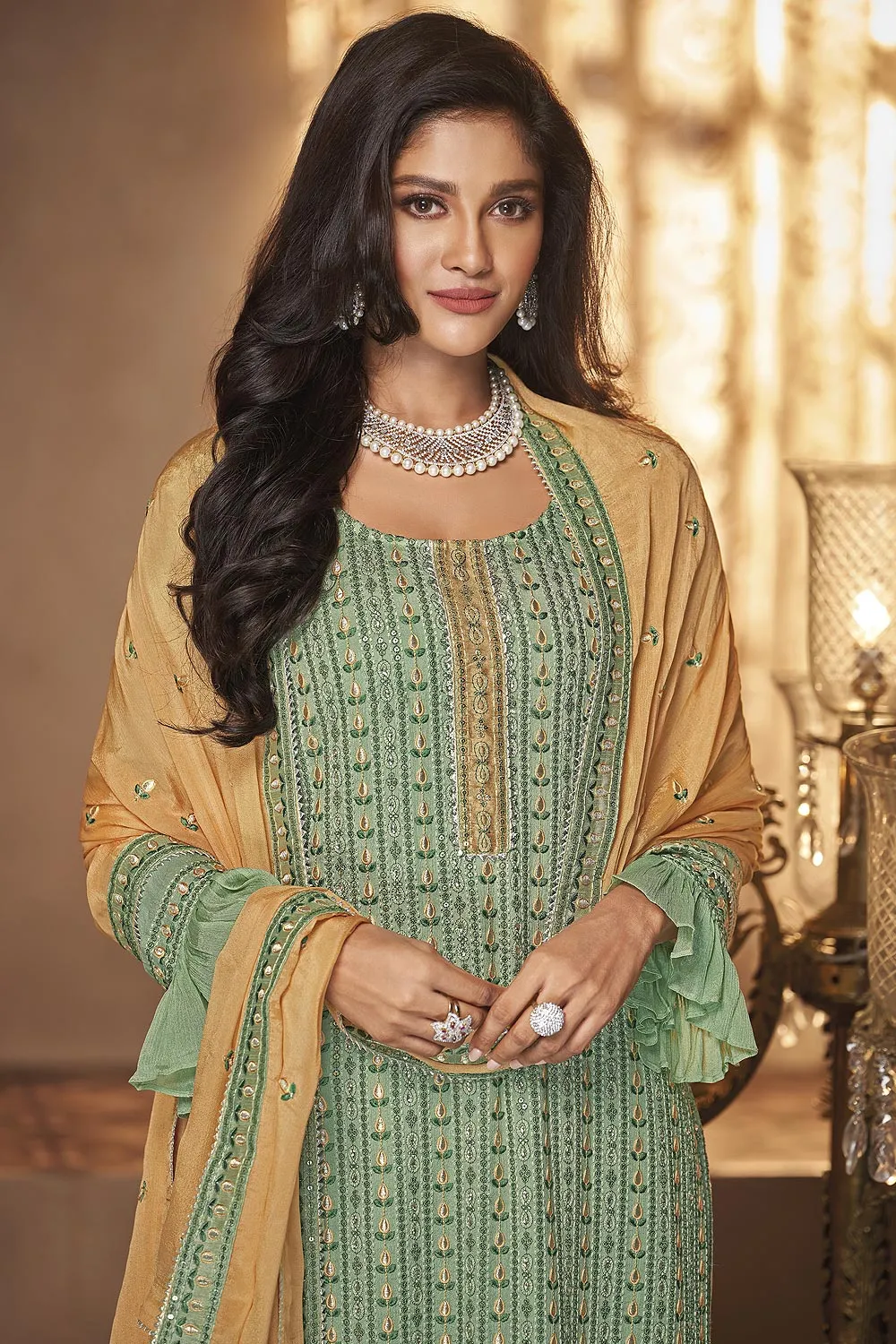 Georgette Pista Green Mirror Embroidered Sharara Suit