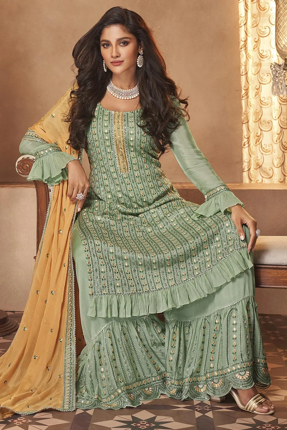 Georgette Pista Green Mirror Embroidered Sharara Suit