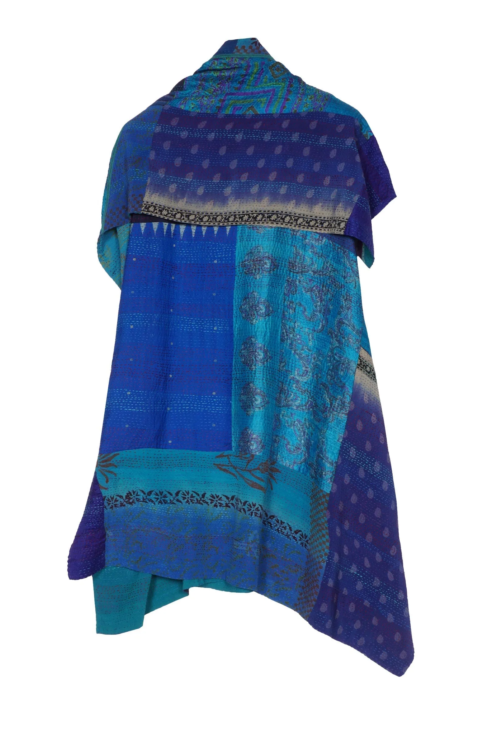 GEORGETTE VINTAGE SILK PATCH KANTHA COWL NECK FLARE TOP - gs2529-blu -