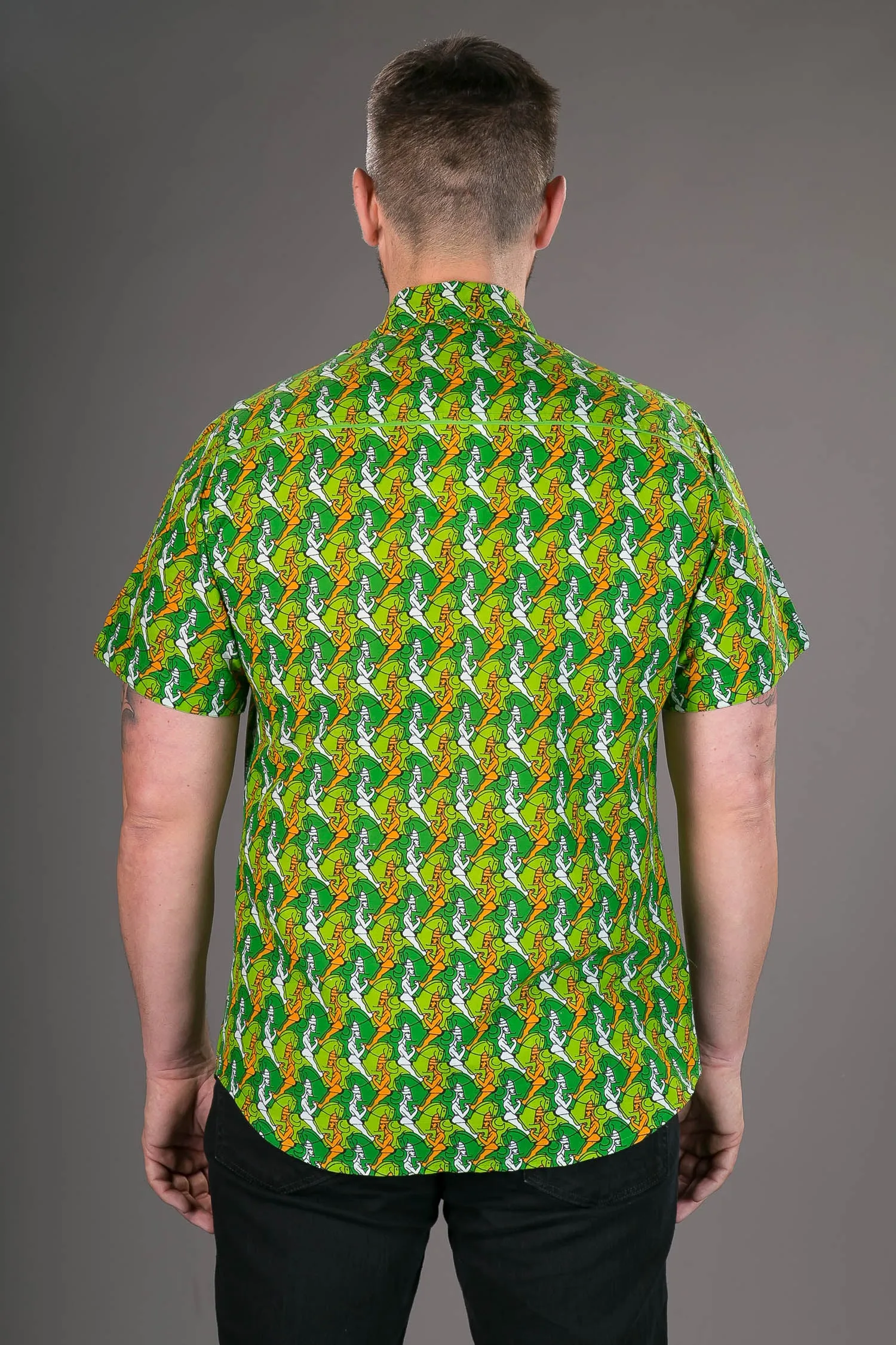 Green Horse Warrior Print Cotton Slim Fit Mens Shirt Short Sleeve