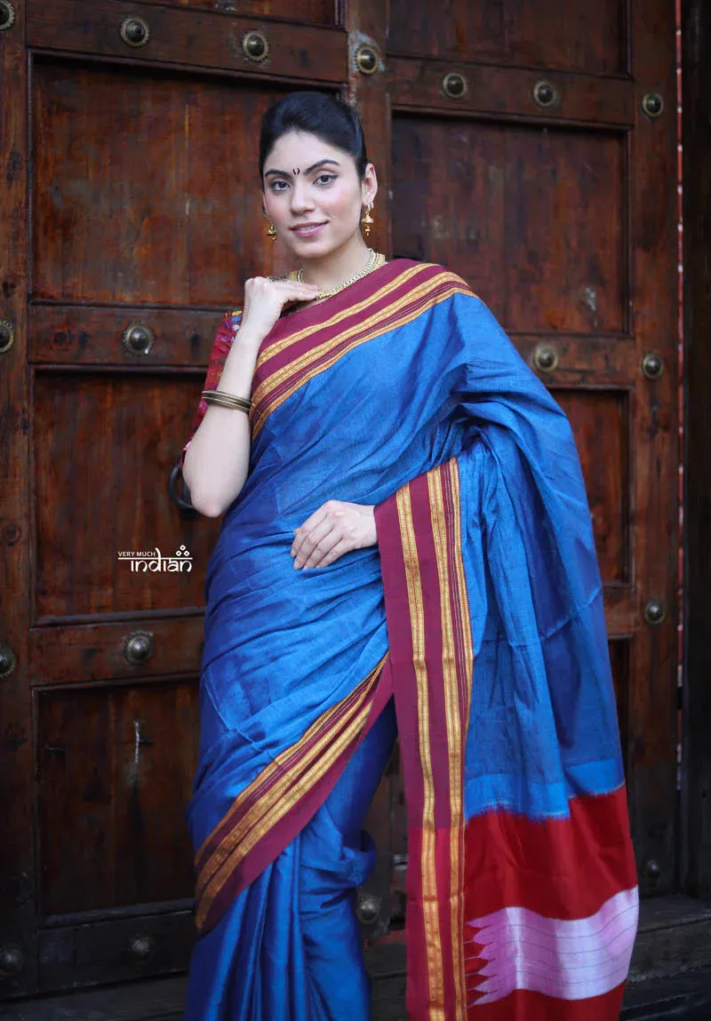 Handloom Cotton Viscose Ilkal Saree with Pure Resham Pallu - Royal Blue with Red Border