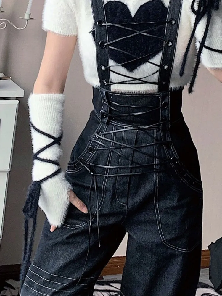 Laceup suspenders jeans【s0000000010】