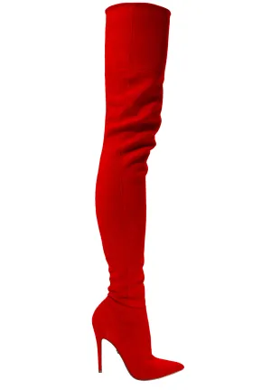 LACIA RED SUEDE THIGH BOOTS