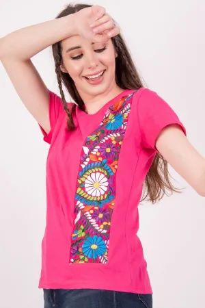 Mexican Embroidered T-Shirt Floral Hot Pink