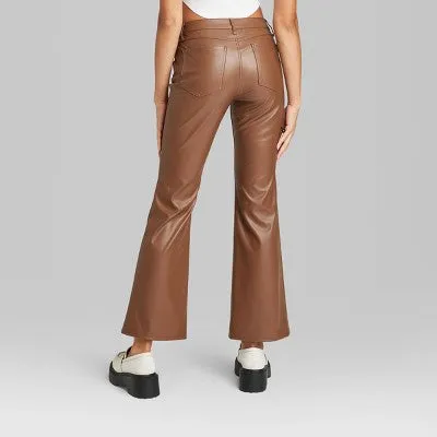 New - Women's Low-Rise Faux Leather Flare Pants - Wild Fable Brown 8