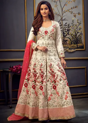 Off White Swarovski Pure Silk Designer Anarkali Suit