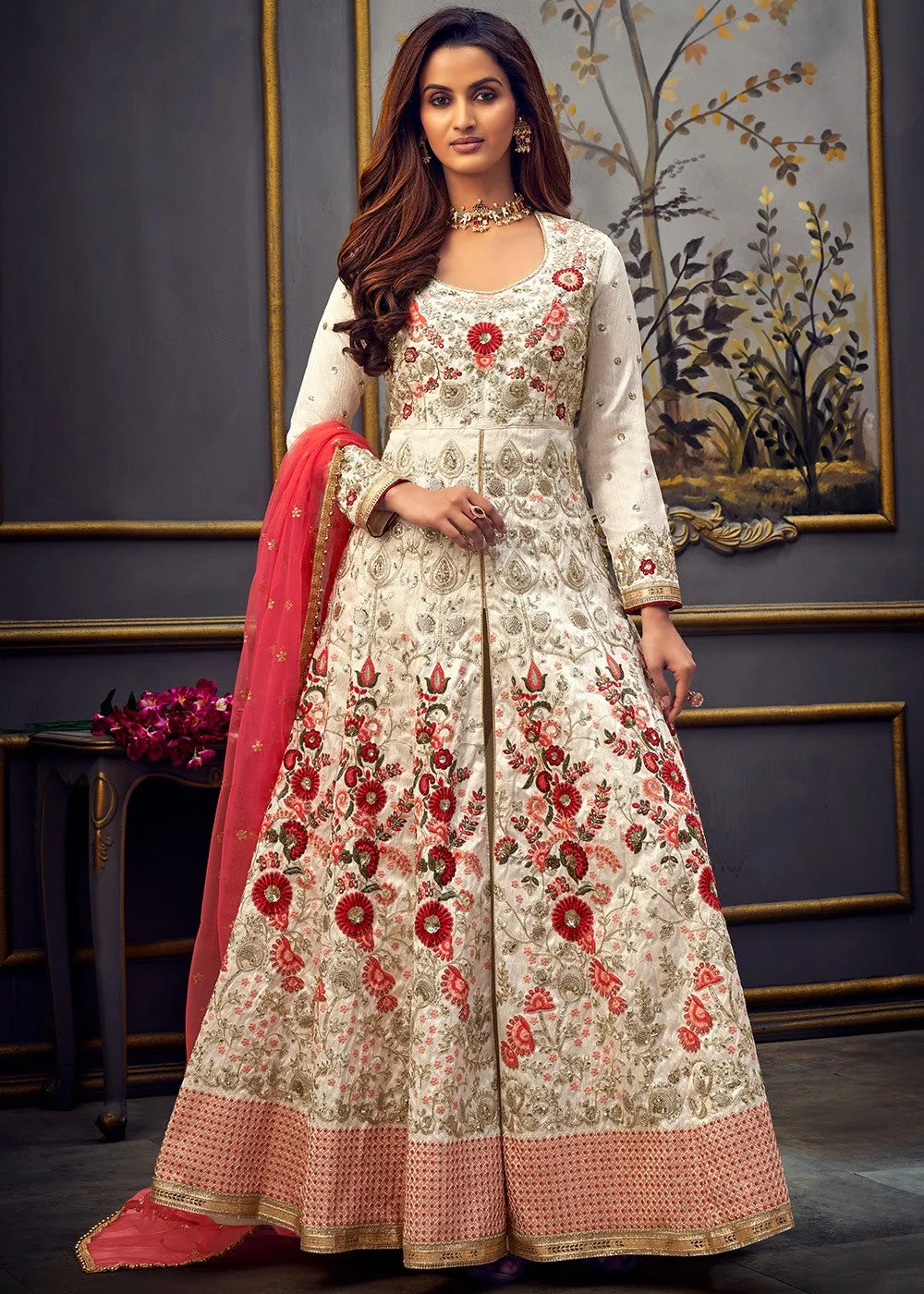 Off White Swarovski Pure Silk Designer Anarkali Suit