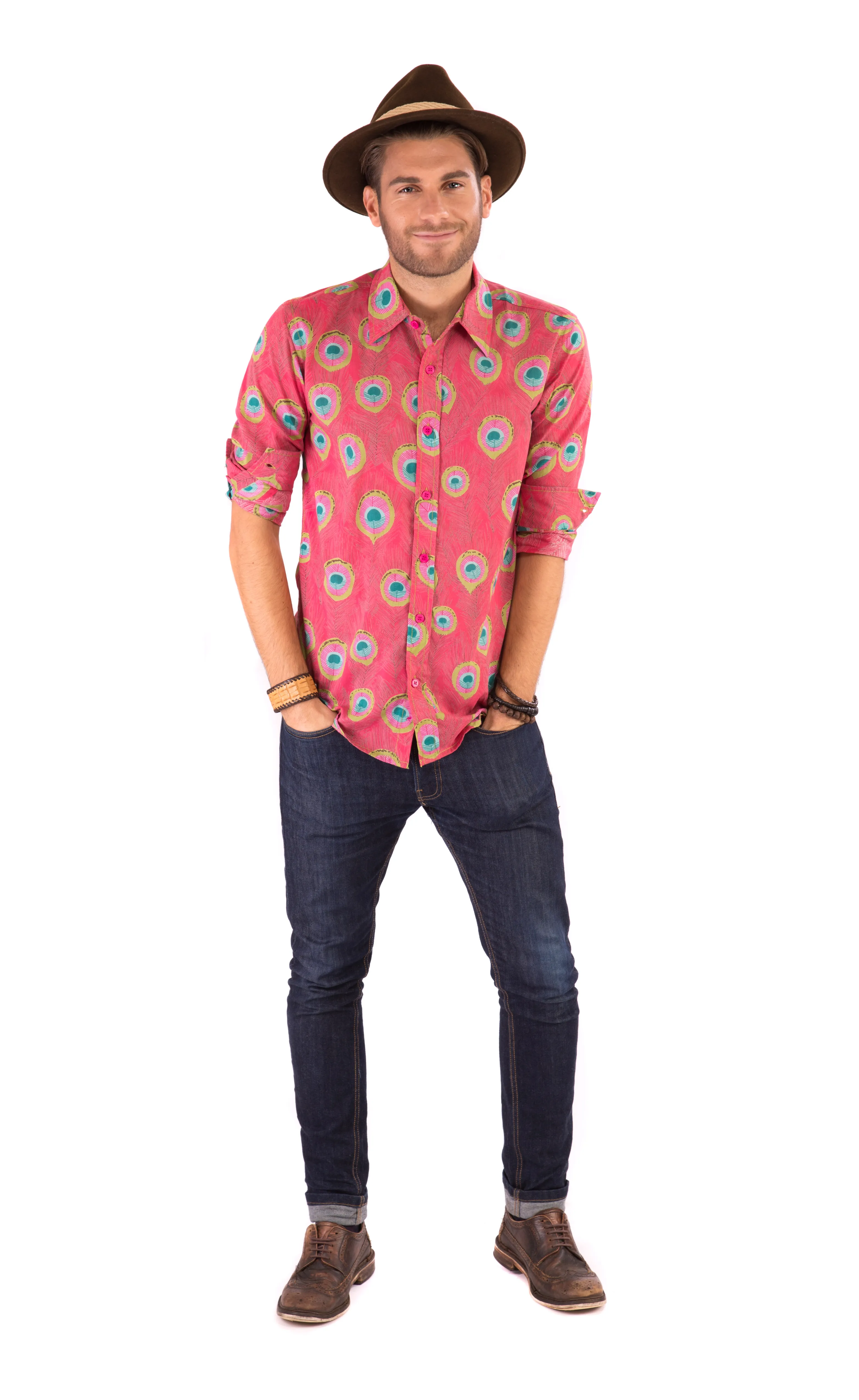 Peacock Print Cotton Slim Fit Mens Shirt Long Sleeve