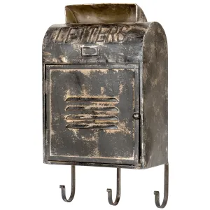 Red Co. 11” x 20” French Vintage Embossed Metal Wall Mount Mailbox with 3 Hooks, Distressed Black