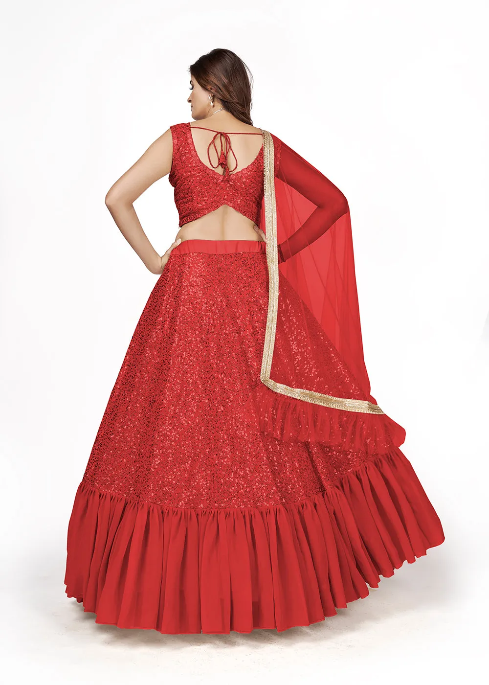 Red Multi Sequins Embroidered Party Wear Lehenga Choli