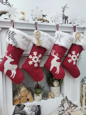 Scandi Personalized Christmas Stockings Red White Snowflake and Deer with elegant yet simple texture for Holidays.