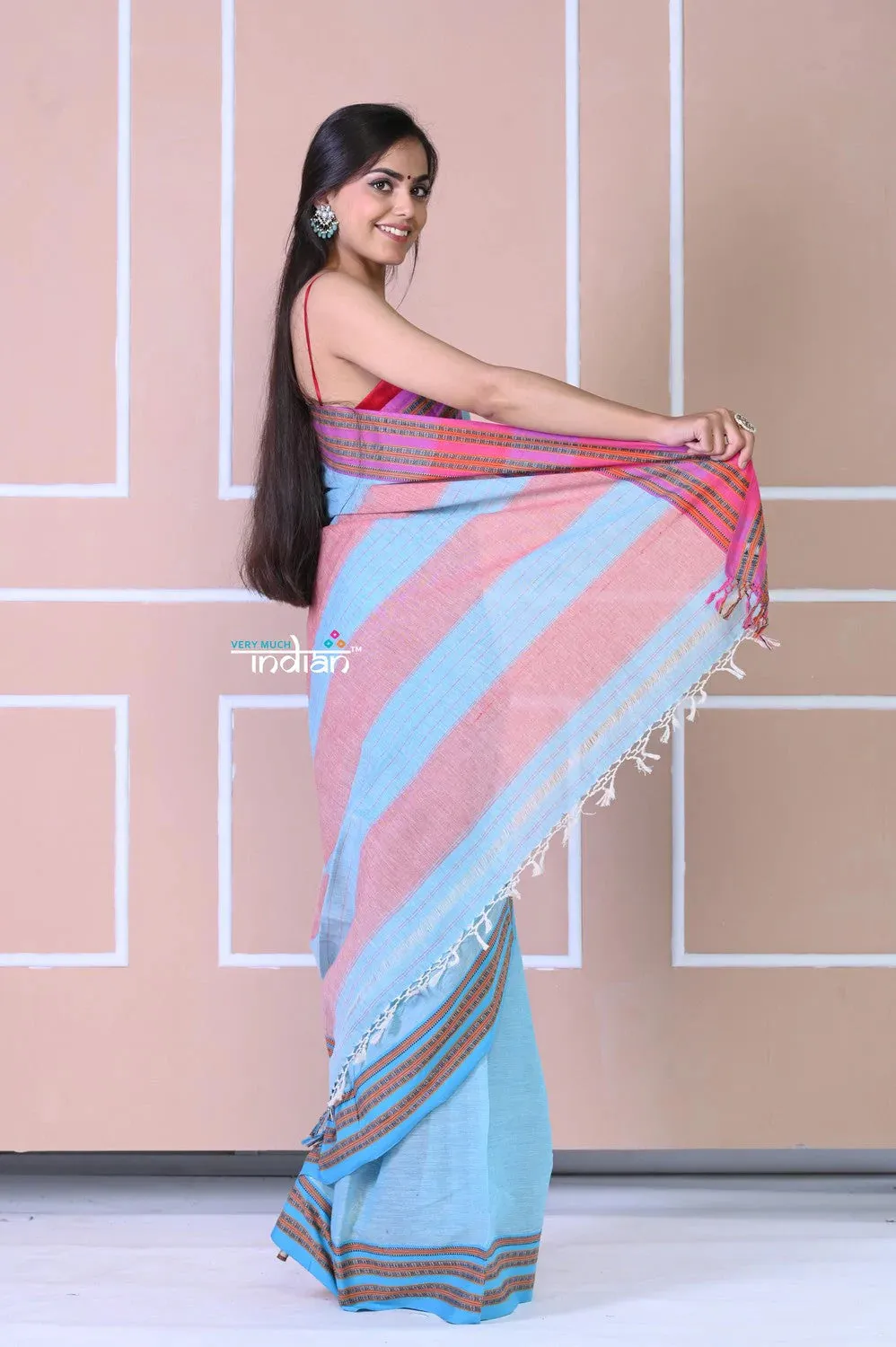 Traditional Patteda Anchu Ilkal Handloom Saree~ Sky Blue