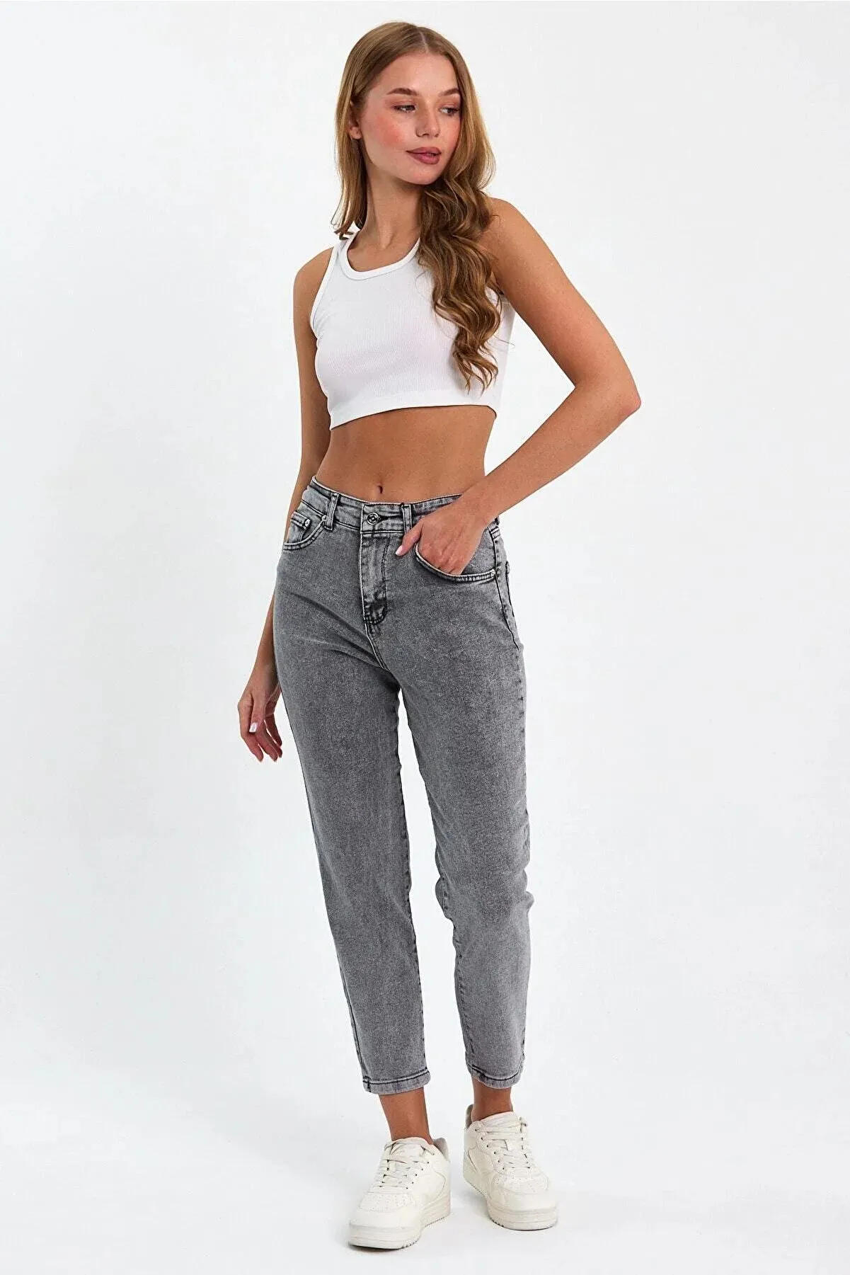 Trendnaturel Hily Snow Gray High Waist Mom Jeans