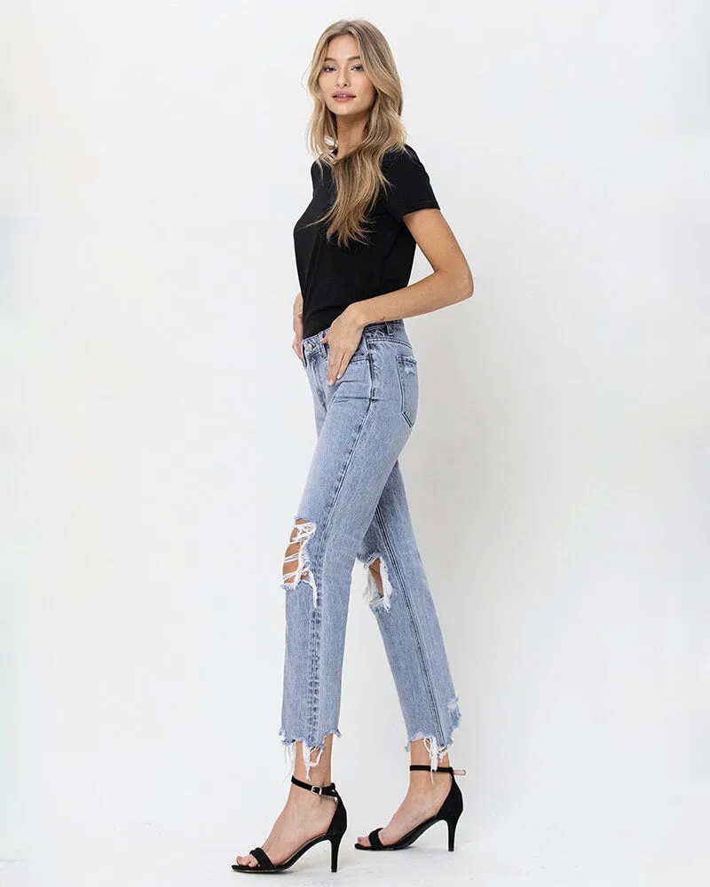 VERVET 90's Vintage Distressed Straight Leg Cropped Hem Denim Jeans - Blue Melody