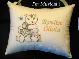 Vintage Kitten Birth Sampler Music Box Pillow -- Personalized Embroidered MUSICAL Baby Keepsake