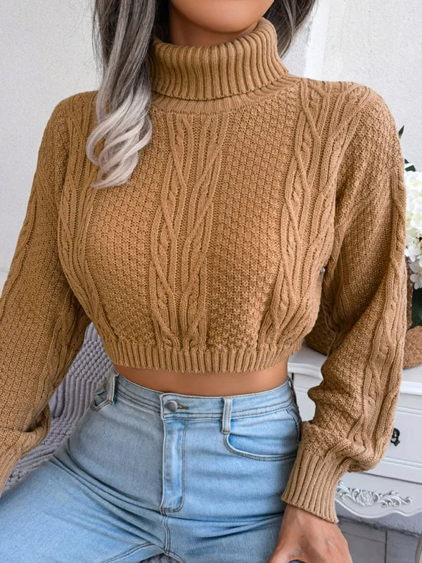 Women's casual fried dough twist long sleeve high neck navel revealing knitted sweater