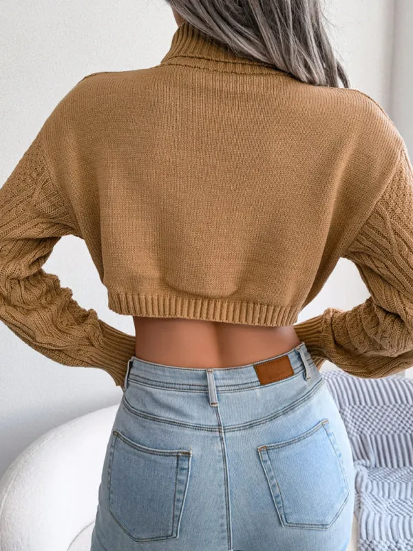 Women's casual fried dough twist long sleeve high neck navel revealing knitted sweater